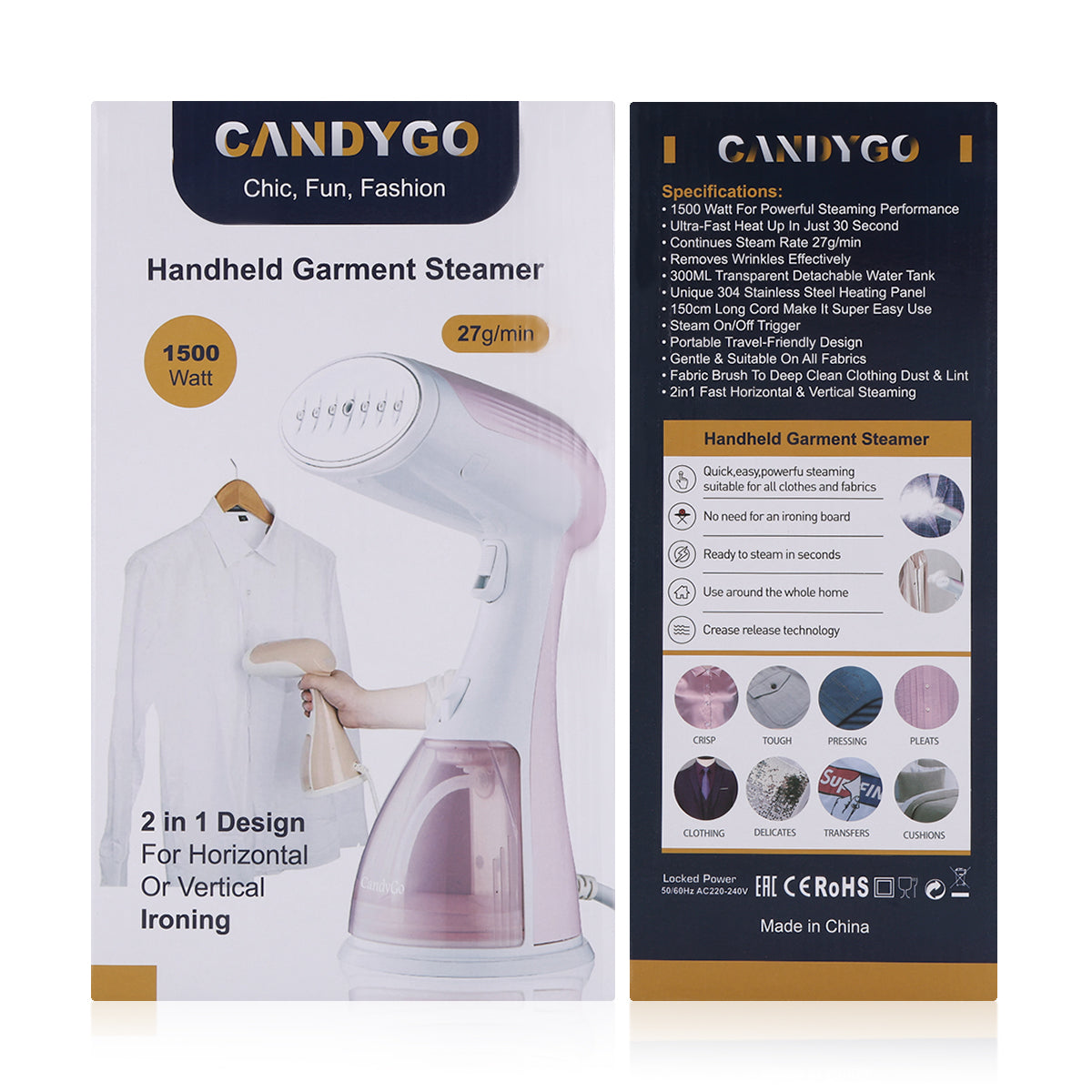 CandyGo Lifestyle Handheld Steamer 1500W - Pink-White